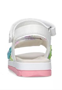 Sandalo bianco con cinturino posteriore, decorazioni floreali in blu e verde, soletta imbottita e suola in gomma rosa.