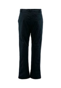 Donkerblauwe broek met rechte pijpen, voorzien van een achterzak met knoop en een glad, gestructureerd stof.