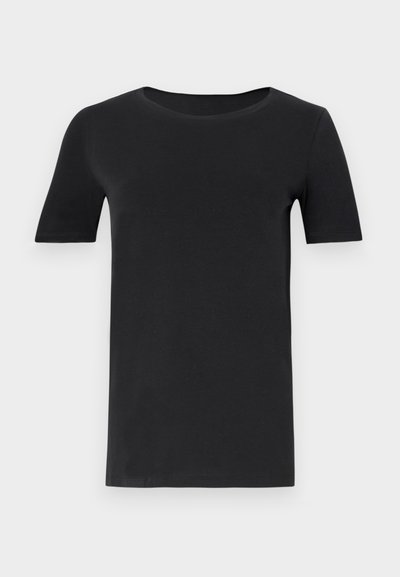 Schwarzes T-Shirt mit kurzen Ärmeln aus weicher Baumwolle, mit rundem Halsausschnitt und klassischer Passform. Glatte Textur, ohne Muster oder Verzierungen.