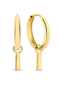 Gouden hoepel oorbellen met een gladde, gepolijste afwerking. Voorzien van een afneembare stangaccent. Lichtgewicht en cirkelvormig ontwerp met een glanzende textuur.
