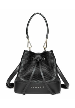 Black textured bucket bag with drawstring closure, detachable top handle, shoulder strap, and "bugatti" logo on front bottom panel.