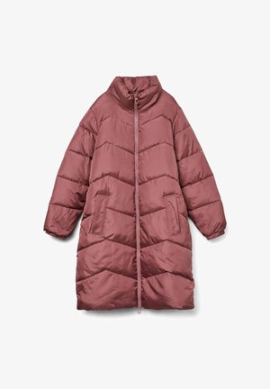 Manteau rembourré surdimensionné de couleur rose avec un col haut, fermeture éclair et deux poches latérales. Présente un motif matelassé en chevrons.