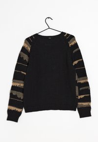 Black sweater featuring textured black sleeves with alternating light brown and green horizontal stripes. Ribbed cuffs and hem.