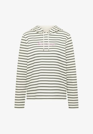 Sweat à capuche blanc avec des rayures horizontales vert foncé, manches longues, cordons de serrage et texte cursif rose "Curious" sur la poitrine.