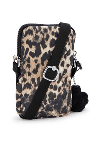 Leopard print crossbody bag made of fabric with a black strap, silver hardware, and a black pom-pom accessory. Rectangular shape.