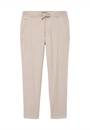 Pantaloni casual beige con tasche laterali, passanti per cintura e vita con coulisse, design a gamba dritta, adatti per un abbigliamento rilassato.