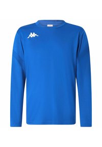Blå långärmad sporttröja i lätt material, med rund halsringning och en vit Kappa-logotyp på övre vänstra sidan.