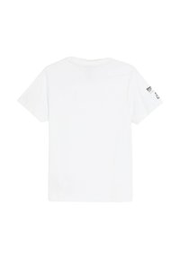 Biała bawełniana koszulka z krótkim rękawem, z okrągłym dekoltem i małym czarnym logo nadrukowanym na lewym rękawie. Prosty i stonowany design.