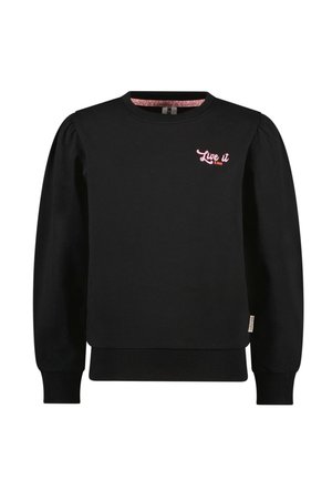 Sweat-shirt noir à manches longues avec épaules bouffantes, poignets et ourlet côtelés, et texte rose "Live it" sur le haut gauche de la poitrine.