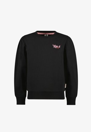 Czarna bluza z długim rękawem z bufkami na ramionach, prążkowanymi mankietami i ściągaczem oraz różowym napisem "Live it" na lewej górnej części piersi.