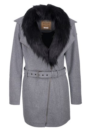 Grijze wollen mantel met riem, grote zwarte nepbontkraag en asymmetrische voorrits, maat small.