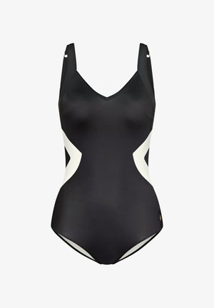 Black one-piece swimsuit with a V-neck, featuring white side panels. Made of smooth, stretch fabric with adjustable straps and minimal hardware.