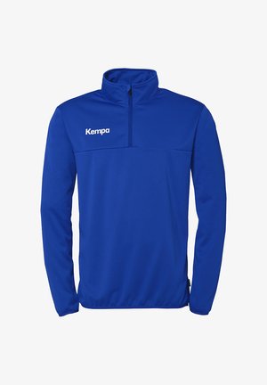 Blauer sportlicher Pullover aus glattem, leichtem Stoff mit einem Reißverschluss am Hals und einem Logo auf der linken Brust. Verfügt über lange Ärmel und einen entspannten Schnitt.