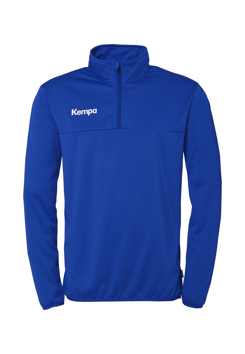 Blauwe sportieve pullover van glad, lichtgewicht stof met een ritskraag en een logo op de linkerborst. Bevat lange mouwen en heeft een relaxte pasvorm.