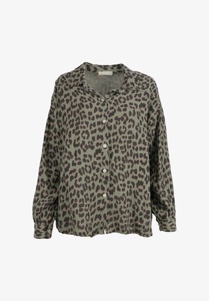 Olivgrünes Hemd aus weichem Stoff mit einem schwarzen Leopardenmuster. Lockere Passform mit Kentkragen und langen Ärmeln.