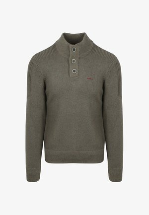 Pullover aus olivgrünem Strick mit geripptem Kragen, einer Drei-Knopf-Leiste und melierter Textur. Verfügt über lange Ärmel und eng anliegende Bündchen.