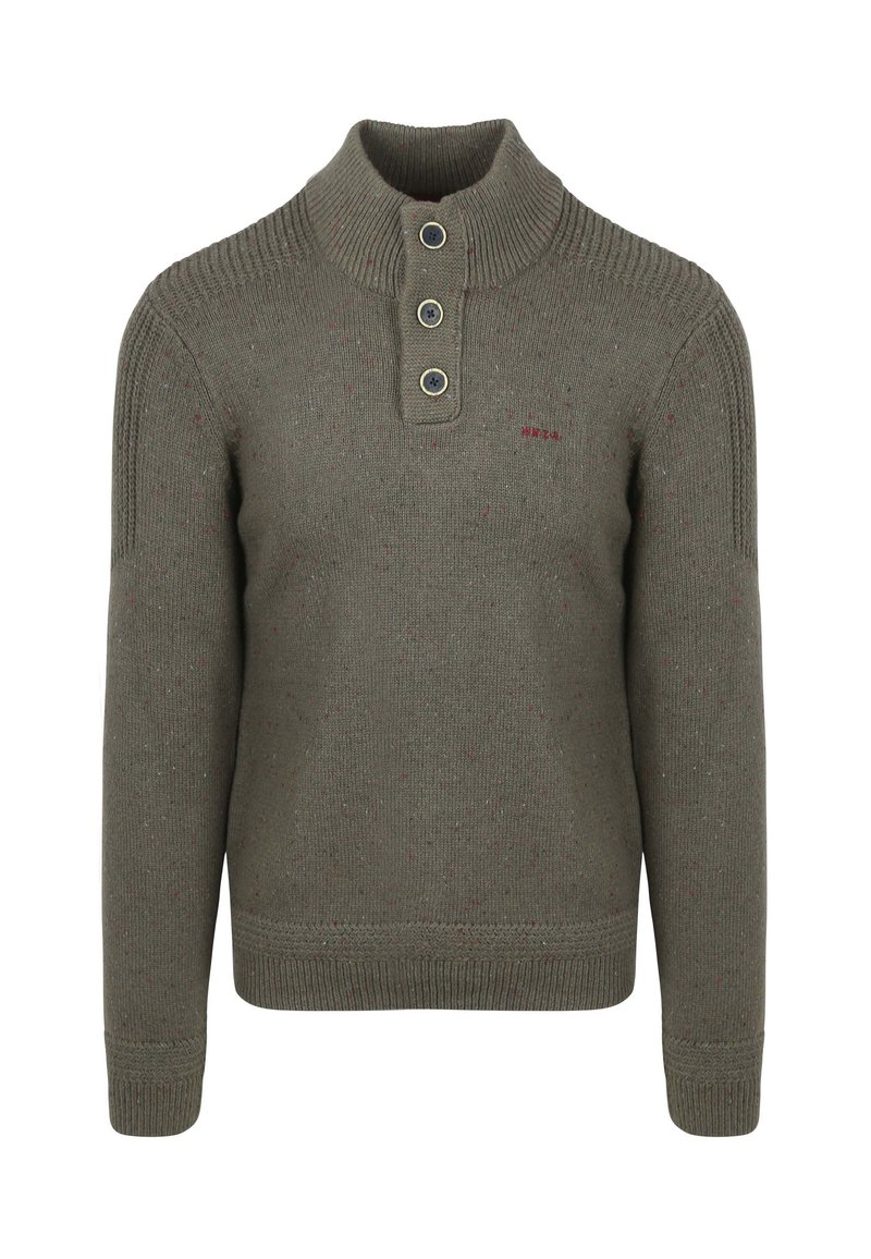 Trui in olijfgroen breiwerk met geribbelde kraag, drie-knoopsluiting en betitelde textuur. Heeft lange mouwen en aansluitende manchetten.