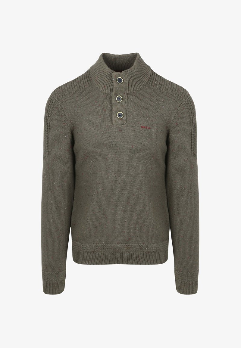 Trui in olijfgroen breiwerk met geribbelde kraag, drie-knoopsluiting en betitelde textuur. Heeft lange mouwen en aansluitende manchetten.