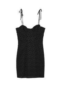Robe noire sans manches avec bretelles nouées, corsage ajusté, tissu en dentelle à œillets, et jupe longueur genou.