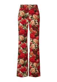 Floral patterned trousers in cotton with a flared design. Features red, pink, and cream rose motifs with green accents and a button closure.