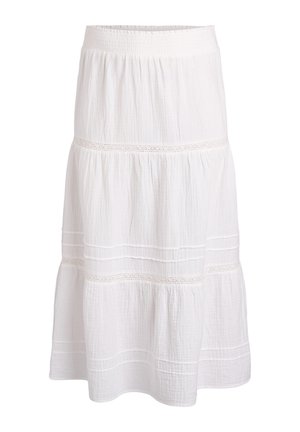 Falda midi blanca de capas con cintura elástica y delicados detalles de encaje horizontal.