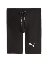 Sorte atletiske shorts lavet af glat stof med en mesh talje. Har en snor og et hvidt Puma-logo på venstre side.