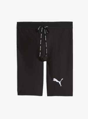 Schwarze Sportshorts aus glattem Stoff mit einem Netzbund. Sie verfügen über einen Kordelzug und ein weißes Puma-Logo auf der linken Seite.