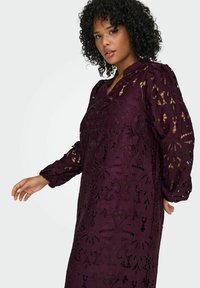 Ljubičasta čipkasta haljina s cvjetnim uzorcima, dugim rukavima i V-izrezom. Tkanina je teksturirana s izrezima, prikazujući složene dizajne.