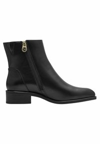 Stivale alla caviglia in pelle nera con punta rotonda, zip laterale con tirante dorato e tacco basso a blocco. Texture liscia e design elegante.