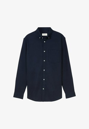 Granatowa, długosleeve, koszula zapinana na guziki, wykonana z tkaniny o gładkiej fakturze, z jedną kieszenią na piersi i białymi guzikami.