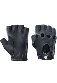 Gants en cuir noir sans doigts avec une finition texturée. Les caractéristiques incluent quatre trous pour les doigts, des coutures renforcées et un système de fermeture à pression.