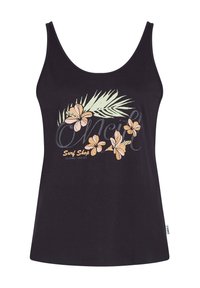 Top negro sin mangas de algodón con un diseño floral en colores pastel y el texto "O'Neill Surf Shop" en blanco en la parte superior.