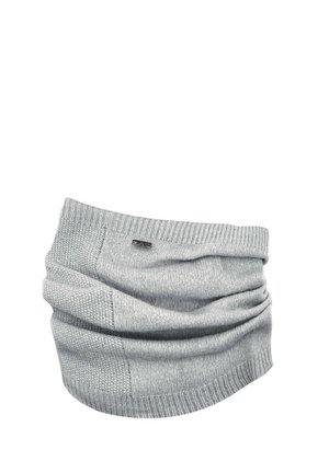 Light gray knit neck warmer with ribbed edges and a small rectangular metal brand tag on the side.