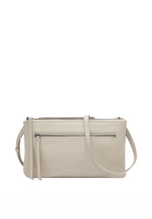 Beige Leder-Umhängetasche mit vorderer Reißverschlusstasche, oberem Reißverschluss und verstellbarem Riemen.