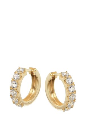 Gold hoop earrings with seven round clear gemstones evenly spaced on the outer edge, featuring a hinged clasp closure.