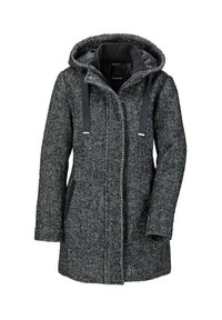 Houndstooth-gepatroneerde jas in zwart en wit met een trekkoordcapuchon, voorzakken en lange mouwen. Voorzien van een knoopsluiting en een gestructureerde stof.