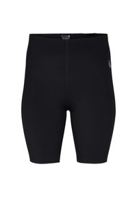 Shorts da atletica nere realizzati in materiale elasticizzato, caratterizzati da una texture liscia, design aderente e un logo discreto sul lato.