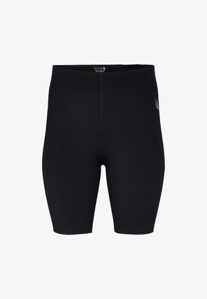 Shorts da atletica nere realizzati in materiale elasticizzato, caratterizzati da una texture liscia, design aderente e un logo discreto sul lato.