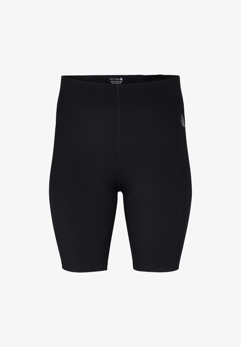 Shorts da atletica nere realizzati in materiale elasticizzato, caratterizzati da una texture liscia, design aderente e un logo discreto sul lato.