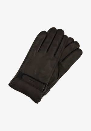 Black leather gloves with a smooth texture, five fingers, and a velcro strap for adjustment. Simple, classic design with no patterns.