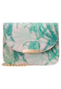 Floral-patterned handbag in light pink featuring green palm leaves, gold hardware, a flap closure, and a detachable chain strap.