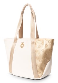 Tote bag in crèmekleur en goud, met een getextureerde gouden zijkant met een reliëfpatroon, contrasterende handvatten en een accent met een cirkelvormig logo.