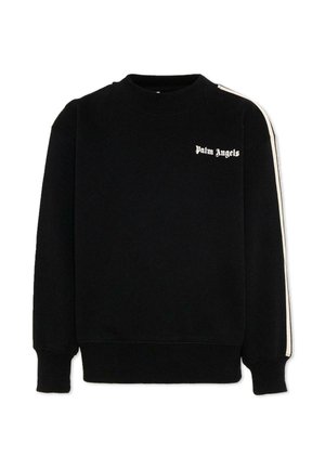 Czarna bluza z długim rękawem z białym napisem „Palm Angels” na piersiach i białym paskiem biegnącym wzdłuż rękawów.