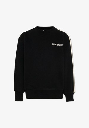 Zwarte longsleeve sweatshirt met witte "Palm Angels" tekst op de borst en een witte streep die over de mouwen loopt.