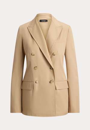 Μπεζ σακάκι διπλού πέτου με έξι κουμπιά, γιακάδες με τομή και δύο τσέπες με καπάκι, ραμμένη εφαρμογή, σχεδιασμένο για γυναίκες.