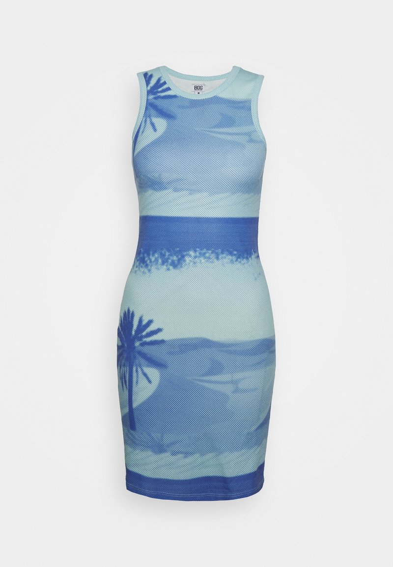 Sundress justo ao corpo sem mangas com um design em gradiente azul, ilustrações de palmeiras e tecido texturizado. Comprimento até à coxa.