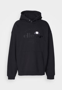 Felpa nera con cappuccio, tasca frontale, coulisse e logo in rilievo nei toni scuri sul petto. Tessuto morbido.