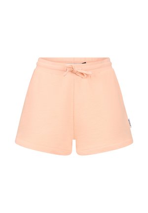 Szorty na troczki w jasnopomarańczowym kolorze o luźnym kroju i miękkim materiale, z małą metką marki po bocznym szwie.