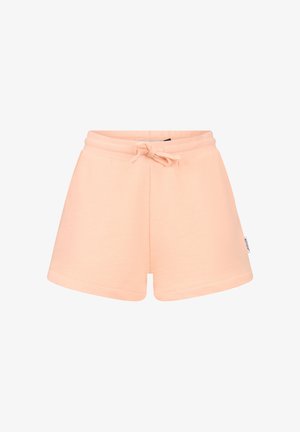 Szorty na troczki w jasnopomarańczowym kolorze o luźnym kroju i miękkim materiale, z małą metką marki po bocznym szwie.