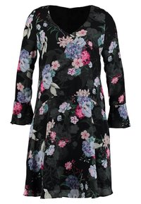 Musta kukkakuvioinen mekko, jossa on pitkät hihat, V-pääntie ja liehuva siluetti. Sen koristeluna on monivärisiä kukkia ja lehtiä vaaleanpunaisena, sinisenä ja valkoisena.